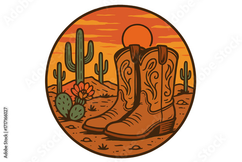 Cowgirl boots western illustration. Vintage 70s retro desert sunset circle emblem. Country wild west saguaro cactus landscape art for t-shirt print. Sticker patch design.