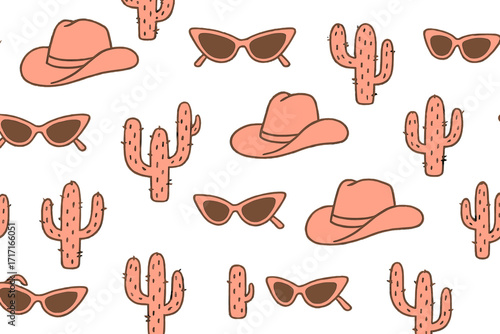 Seamless pattern with retro cowgirl aesthetic. Girlish wild west theme with pink cowboy hats, vintage cat eye sunglasses, and saguaro cactus. Groovy 60s 70s y2k style vector.