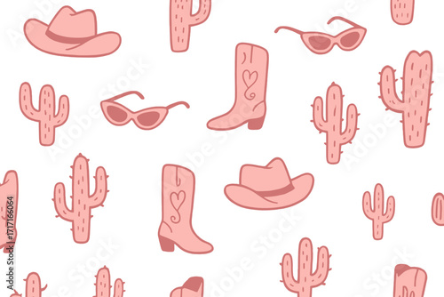 Cowgirl seamless pattern with western theme. Pink cowboy hat, boots with heart, retro sunglasses and cactus. Groovy 70s y2k aesthetic. Girly country rodeo hand drawn vector.