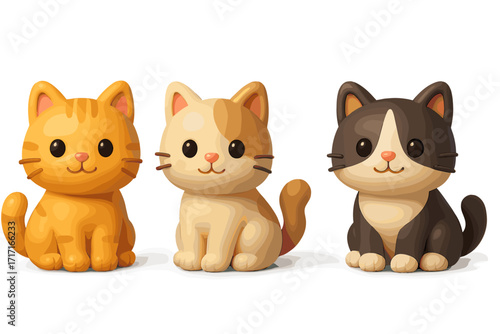 Set of 3D adorable cat cartoon characters. Cute kawaii kittens in plastic or clay style. Vector illustration of funny pet animal figures for kids. Collection of ginger, calico, and tuxedo cats.