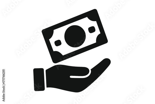 Hand holding money vector icon. Finance, payment, cash transaction concept. Banking graphic element. Giving or receiving salary, wage, or income. Metaphor for donation, charity, or bribe.