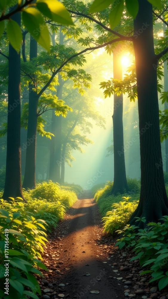 Obraz premium A serene forest path illuminated by sunlight filtering through tall trees.