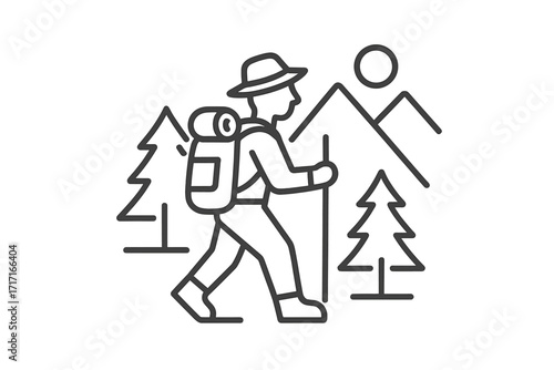 Hiking adventure icon. Thin line vector of a person walking in the forest with a hat, camper backpack, and hiking stick. Outdoor mountain trekking illustration for nature travel.