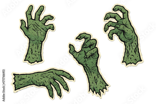 Set of scary zombie hands with retro halftone dotted effect. Creepy monster arms for Halloween decoration. Collection of torn paper collage elements. Undead spooky limbs.