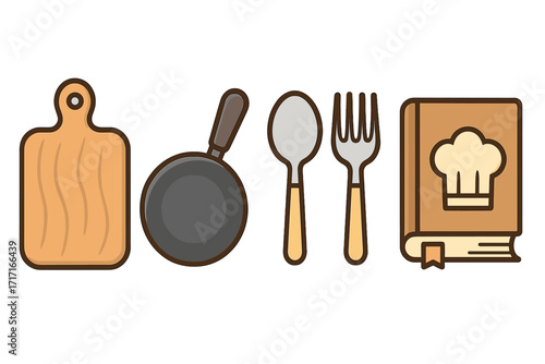 Kitchen and cooking icon collection. Vector set with cutting board, frying pan, cutlery, and cookbook. Flat outline symbols for food prep, gastronomy, and culinary design.
