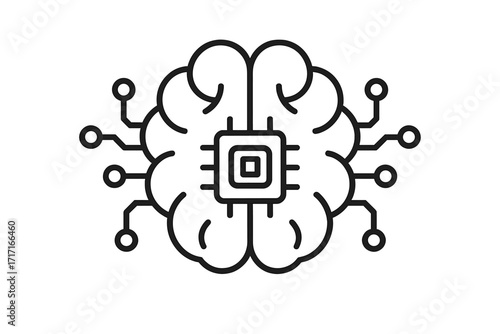 Artificial intelligence AI icon with brain and chip. Machine learning, neural network concept. Digital mind, cyborg technology vector logo. Future tech, deep learning symbol.