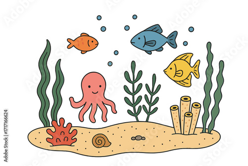 Hand drawn cartoon sea life scene. Underwater nature background with cute octopus, fish, seaweed, and coral. Ocean floor with marine inhabitants vector illustration for kids.