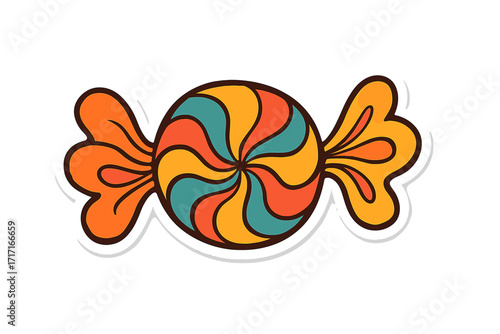 Groovy retro candy sticker. Colorful sweet in twisted wrapper. Hippie 70s psychedelic style icon. Isolated hand drawn cartoon vector illustration for print and design.