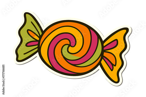 Groovy retro candy sticker icon. Psychedelic 70s style sweet treat. Colorful swirl lollipop graphic. Nostalgic hand-drawn vector cartoon illustration for fun designs.