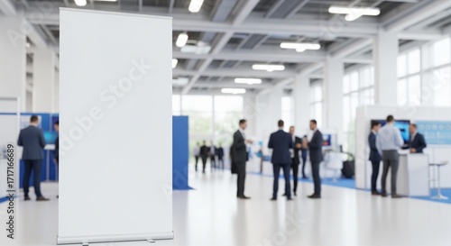 Blank white roll-up banner stand in a blurred business conference, providing customizable marketing for brand promotion and event advertising