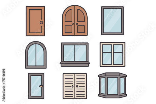 Vector icon set of house doors and windows for architecture design. Collection of building exterior elements. Flat cartoon outline illustration for web, app, and graphic design.