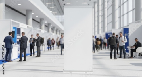 Blank roll-up banner mockup with copy space for advertising at a busy trade show. Empty vertical stand template inside a modern convention center exhibit