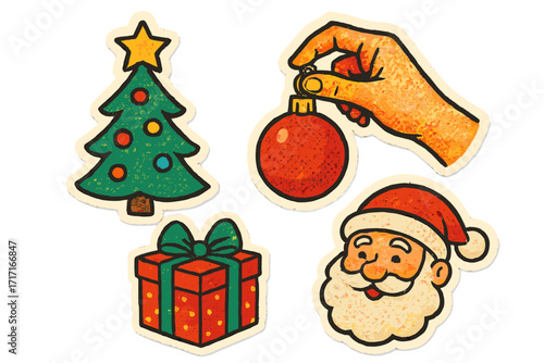 Merry Christmas collage paper sticker set with hand holding red bauble, colorful halftone mixed media style, cartoon vector illustration including Christmas tree, gift box, and Santa Claus face