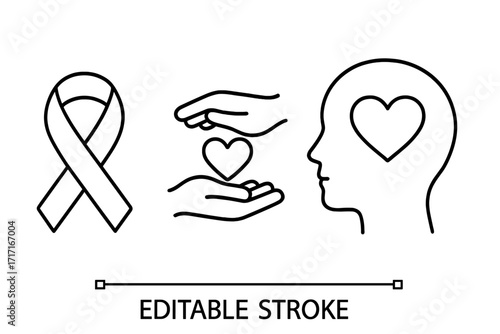 Mental health awareness icon set. Support ribbon, empathy hands and psychological care symbol. Human head with heart. Wellness, therapy, and charity concept vector illustration.