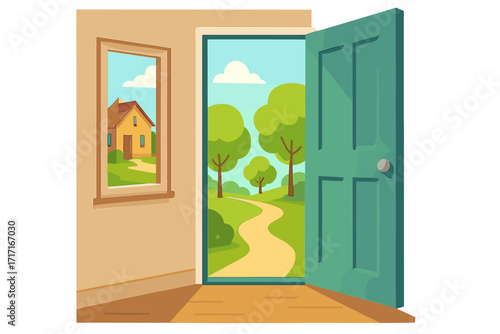 Open door to summer countryside landscape with green trees and winding path, flat illustration of nature, blue sky, round crown trees, home interior hallway window view