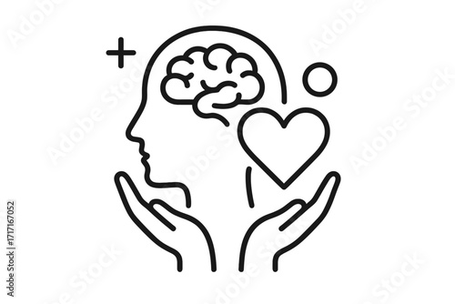 Mental health, compassion and psychology concept. Emotional intelligence, empathy and wellness. Head with brain, hands holding heart. Self-care, support and therapy line icon.