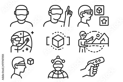 Metaverse virtual and augmented reality line icon set. User with VR headset and AR glasses interacting with 3D digital environments. Futuristic technology vector illustrations.