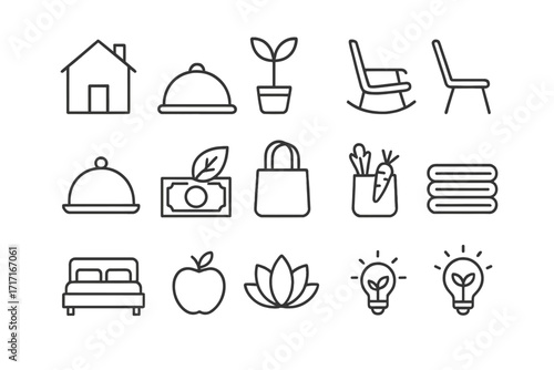 Minimalist lifestyle thin line icon set. Simple living, sustainable home, and eco friendly concept. Declutter, wellness, mindfulness and conscious consumption vector symbols.