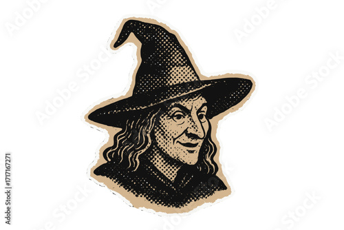 Witch in hat, a vintage halftone illustration. Retro horror character. Spooky Halloween design element. Mixed media paper collage sticker for zine, poster or scrapbooking.
