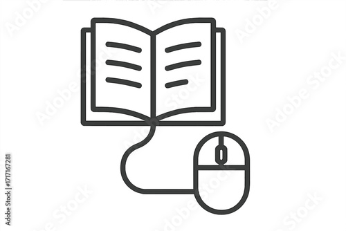 Mouse connected to book line icon. E-learning and online education concept. Digital library, e-book, online reading symbol. Distance learning, web course, knowledge sign.