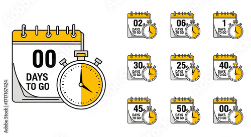 Vector Icons Set of Countdown timer icon set with days to go calendar and stopwatch Collection of promotional badges for upcoming events and sales. EPS Editable