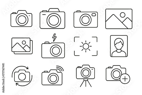 Set of Photo and Camera Line Icons for Design, Websites, and Apps, Editable Stroke Vector Illustration Including Camera, Flash, Gallery, Portrait, and Photo Capture Symbols