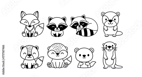 Vector Icons Set of Cute collection of hand drawn woodland animals line art illustrations. EPS Editable