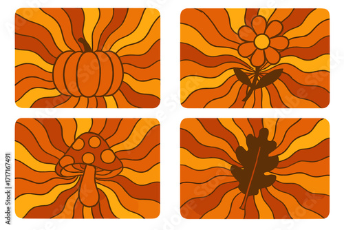 Set of autumn elements with wavy sun rays backgrounds in warm bright retro colors, pumpkin, flower, mushroom, leaf silhouettes, groovy hippie 60s 70s psychedelic vector design