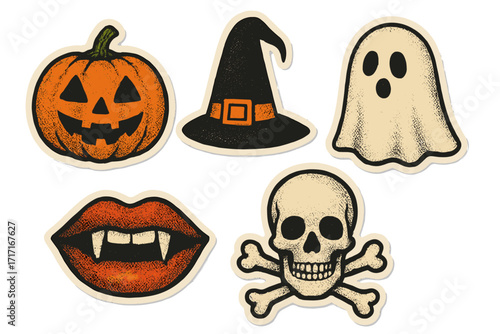 Halloween paper stickers set with vintage halftone texture. Spooky collage elements like jack-o'-lantern, witch hat, ghost, vampire lips, and skull and crossbones vector.