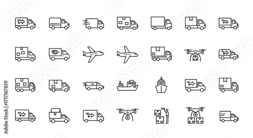 Vector Icons Set of Delivery and Logistics Transportation Vector Line Icon Set. EPS Editable