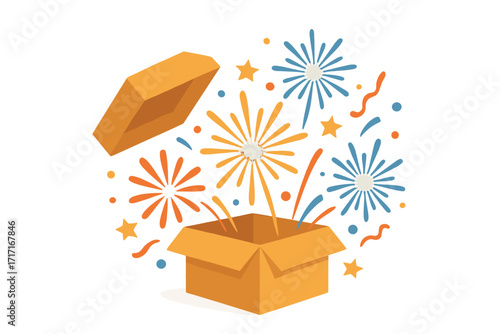 Prize box opening and exploding with fireworks and confetti. Enter to win concept. Gift box with surprise for winner. Celebration reward or special offer vector illustration.