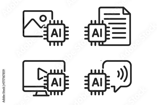 AI generator icon set. Artificial Intelligence concept for text to image, video, and speech creation. Prompt based content generation symbols. Vector line art illustration.