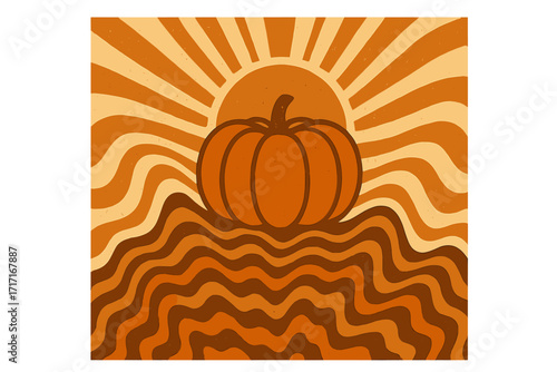 Trendy geometric autumn retro greeting card with pumpkin, orange 50s style vector, wavy trippy pattern background, sun rays, fall harvest banner poster cover design