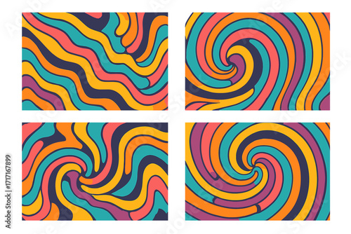 Twisted and distorted groovy hippie psychedelic background with colorful swirling waves and twirling retro patterns, vibrant vector cartoon illustration set