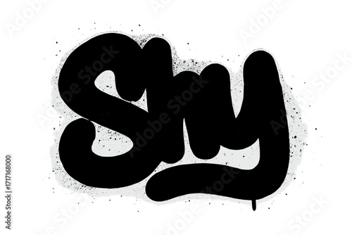 Urban graffiti lettering "Shy" sprayed in black aerosol paint, bold street art style word design, vector cartoon illustration with transparent background, contemporary spray paint art