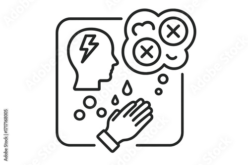 Obsessive compulsive disorder OCD line icon. Repetitive behavior, intrusive thoughts concept. Mental health, psychology. Hand washing, anxiety metaphor. Stress, obsession.