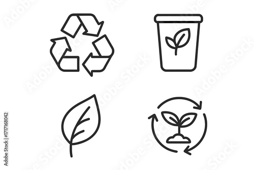 Recycle and biodegradable thin line icon set. Eco friendly and sustainable symbols. Ecology, environment conservation, and nature concept. Vector outline graphic elements.