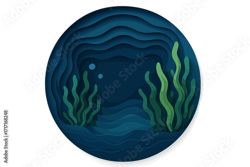 Underwater sea bottom in paper cut style with algae and waves. Abstract deep blue marine life concept for diving. 3D layered paper craft ocean scene. Round vector template.
