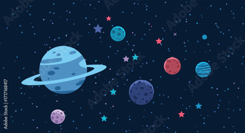 Colorful planets with rings and stars in a dark cosmic space
