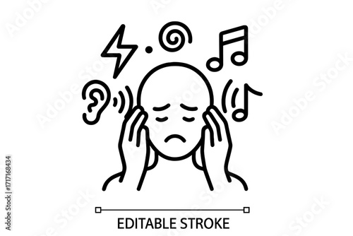 Sensory overload, schizophrenia icon. Mental overwhelm, auditory hallucination. Psychological distress. Tinnitus, anxiety, stress. Brain noise metaphor. Editable stroke.