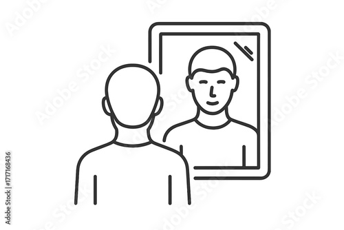 Self reflection icon, man looking in mirror. Concept of self awareness, identity, introspection, personal growth. Psychology, mental health, consciousness, ego vector line art.