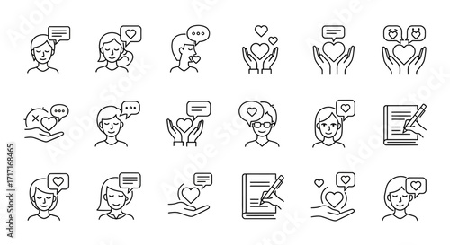 Vector Icons Set of Emotional Intelligence and Self Care Thin Line Icon Pack Illustration. EPS Editable