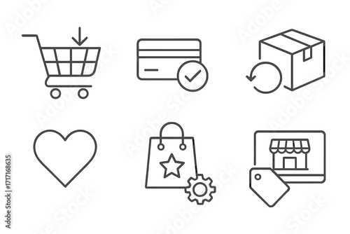 Shopping and commerce icon set. Thin line editable stroke icons for checkout, payment, delivery, returns, wishlist, loyalty program, and e-commerce web store tools.