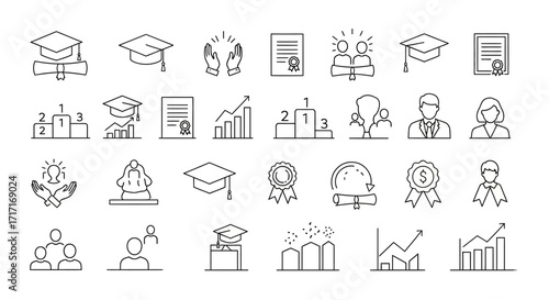 Vector Icons Set of Graduation and Business Success Thin Line Icon Set Collection. EPS Editable