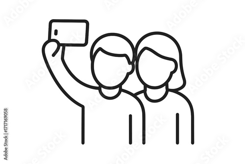 Two people taking a selfie icon. Couple making a photo with a smartphone. Friends group portrait. Friendship memory concept. Modern thin line vector for social media.