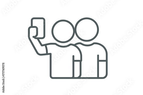 Two people taking a selfie icon. Thin line vector for social media content. Smartphone photography concept. Group portrait for friendship, memory, togetherness and love.