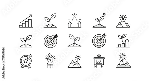 Vector Icons Set of Growth and Success Doodle Icon Set for Business Goals. EPS Editable