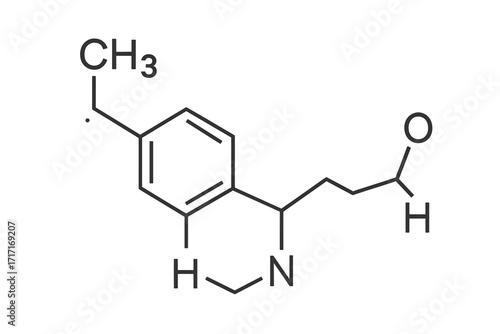 Chemical formula vector line icon. Molecular structure of a complex organic compound. Science, chemistry, and biochemistry concept. Neurotransmitter or alkaloid molecule illustration.