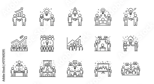 Vector Icons Set of Hand drawn business collaboration and teamwork icons set Doodle style illustrations of meetings presentations and partnership. EPS Editable