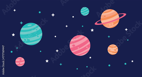 Colorful planets and stars on a dark blue space background